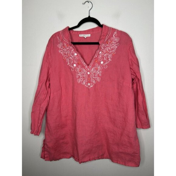 JM Collection Women’s Top Pink Beaded V Neck 100% Linen Plus Size 18W - Picture 1 of 9